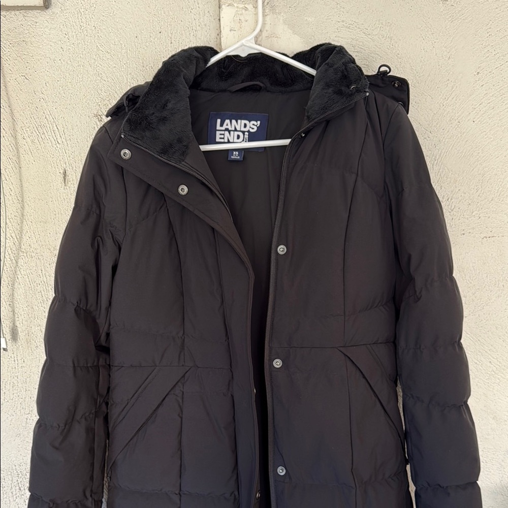 Lands' End Black Puffer Jacket with Hood and High Collar